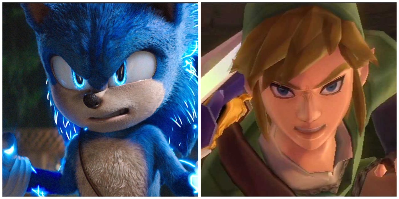 A split image featuring Sonic from the Sonic The Hedgehog 2 movie, and Link fron The Legend Of Zelda: Skyward Sword HD
