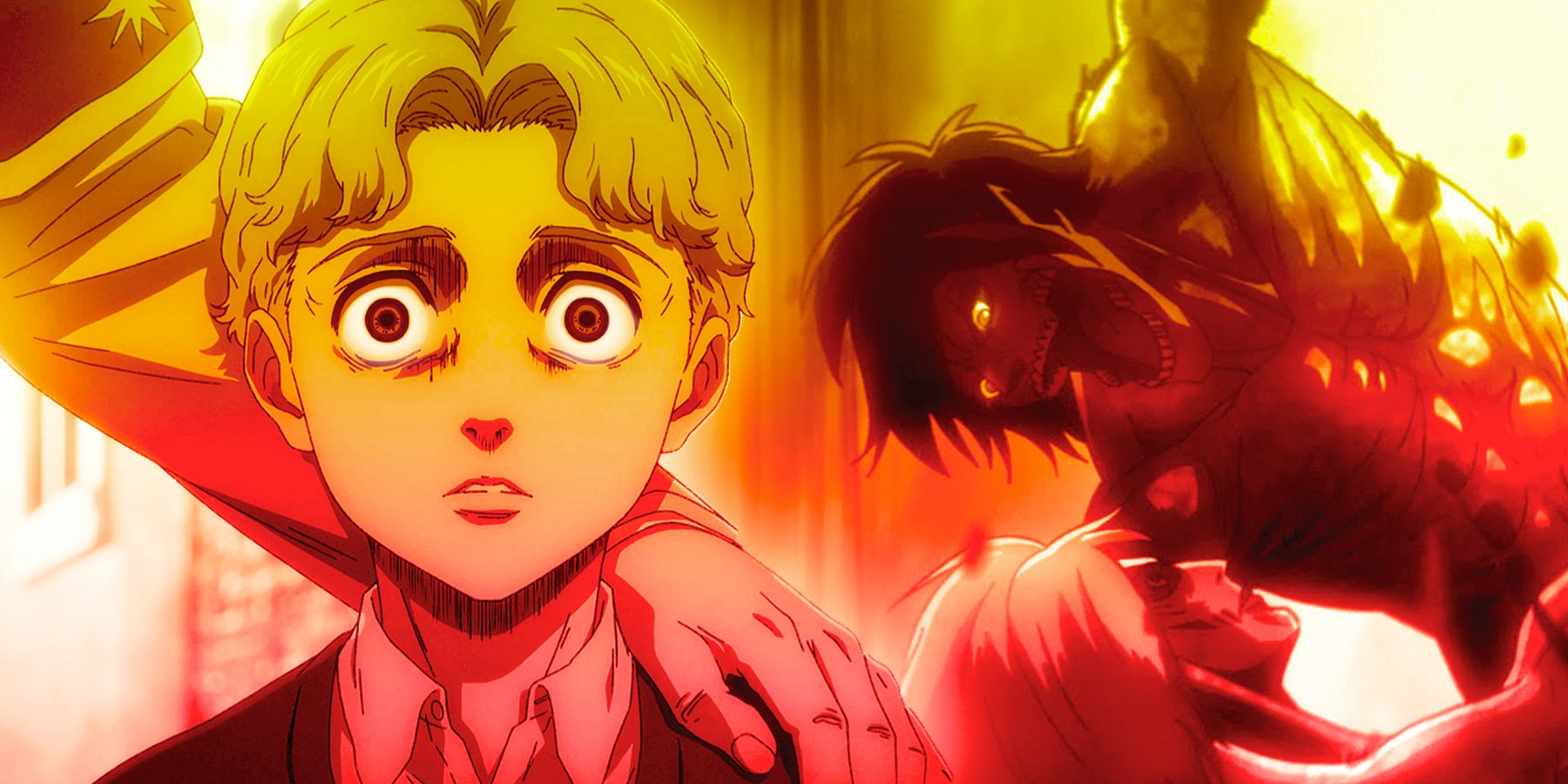 On the right, a young Zeke looks surprised and bewildered. On the right, Eren fights Annie in the forest, both in titan form.