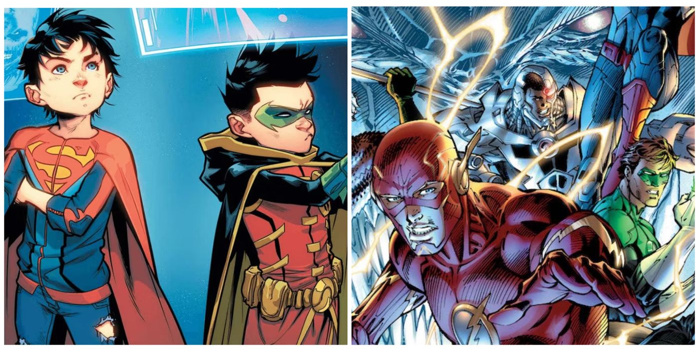 Split image of Superboy and Robin in Super-Sons and Geoff Johns Justice League