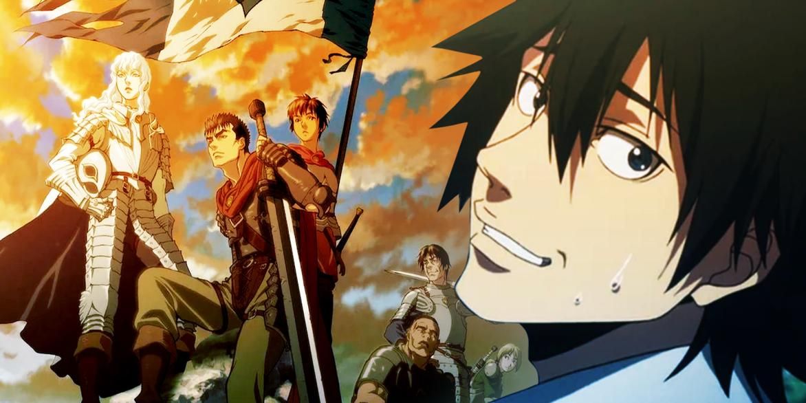 Left: Berserk cast in front of orange clouds. Right: a character from Alice In Borderland anime.