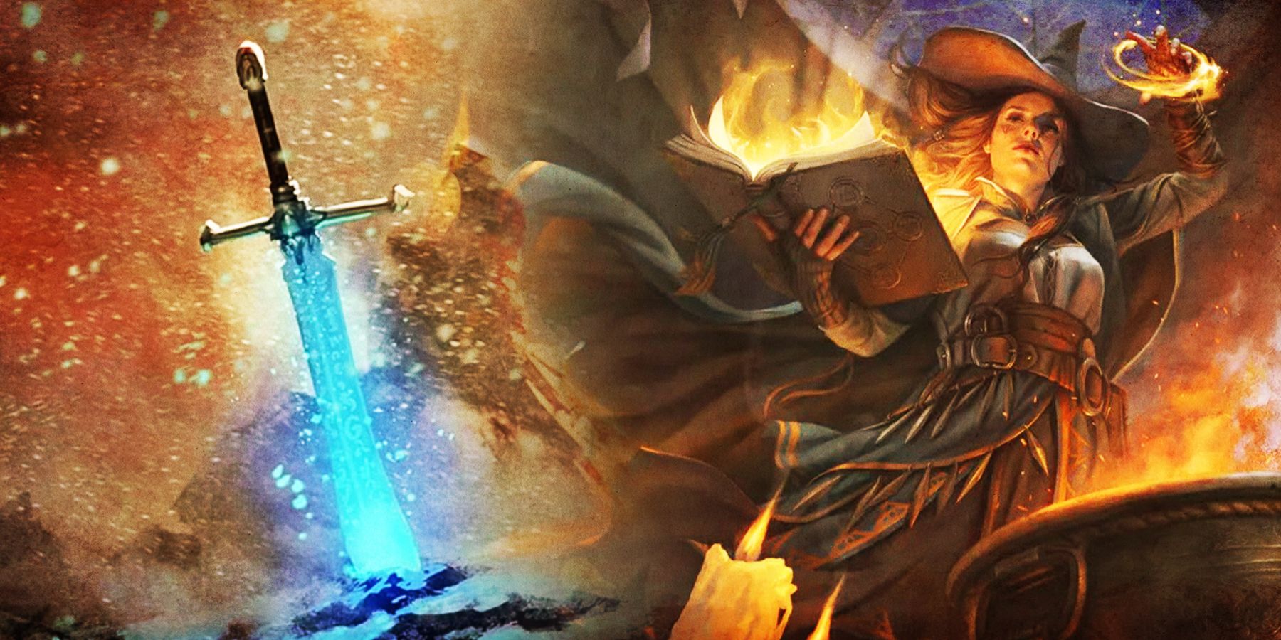 On the left, a moon-touched sword stuck in the mountainside glows blue in a snow storm. On the right, a warlock conjures a spell in front of burning candles and a steaming cauldron. 