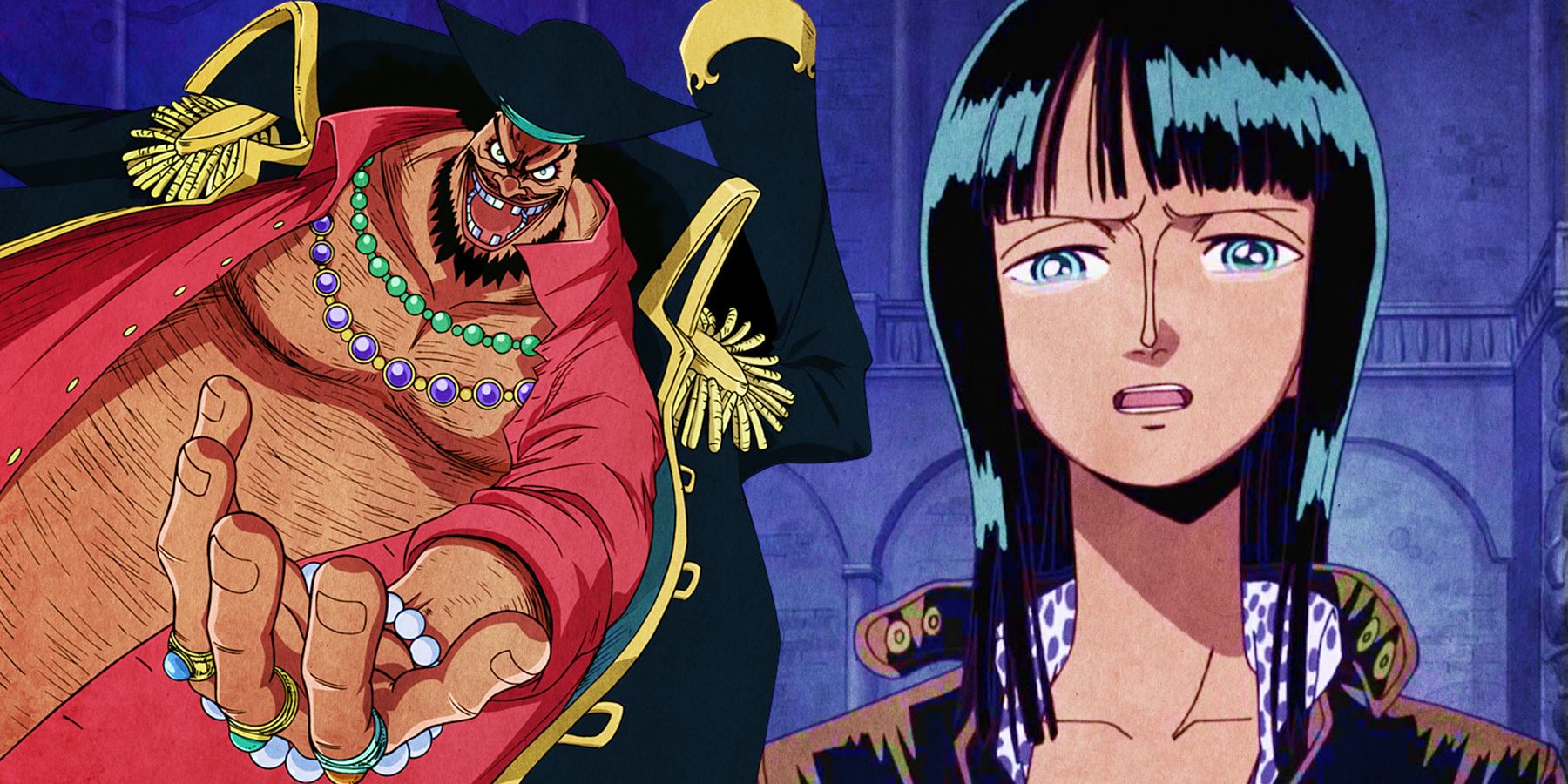 On the left, Blackbeard grins and reaches out a hand. On the right, Nico Robin begins to tear up.