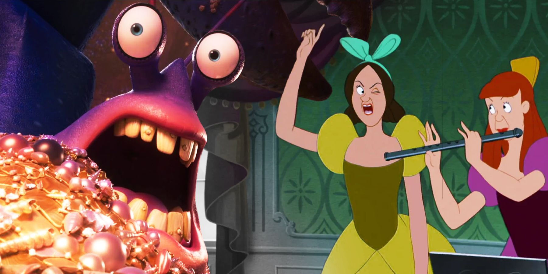 On the left, Tamatoa of 'Moana' looks shocked with mouth agape. On the right, Anastasia and Drizella of 'Cinderalla' practice singing.