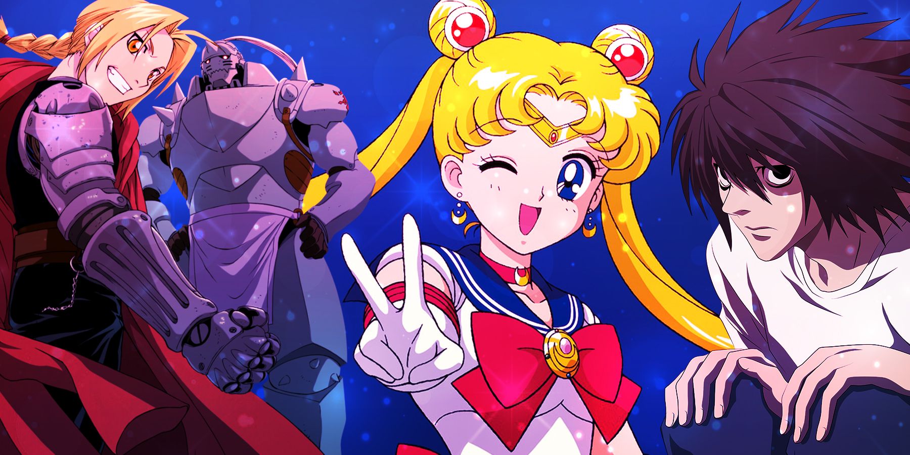 On the left, brothers Edward and Alphonse Eric look determined. In the middle, Sailor Moon winks and shows the peace sign. On the right, L crouches and frowns. 