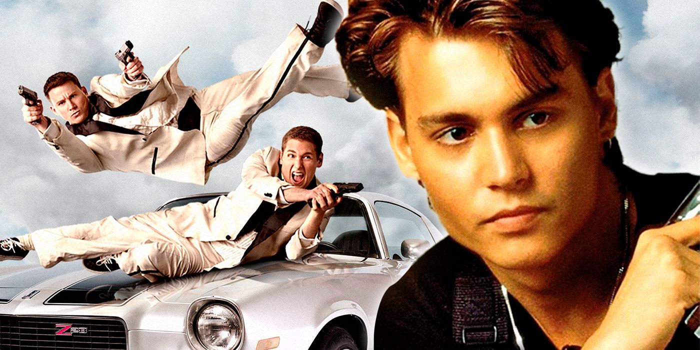 The cast of 21 Jump Street shooting guns next to Johnny Depp