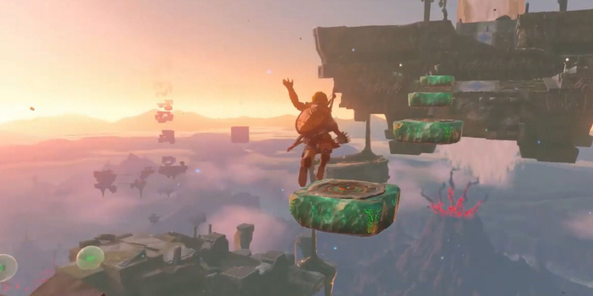 Link pulando nas plataformas do céu em Zelda Tears of the Kingdom