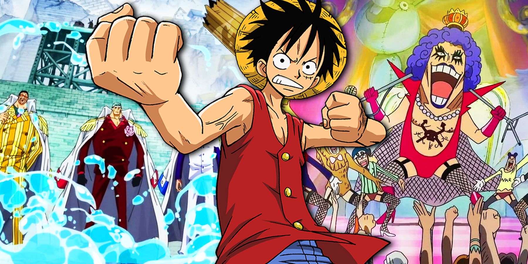 On the left, three Marine Admirals stare down Luffy. on the right, Ivankov and company dance with joy. In the middle, Luffy holds up his fists ready to fight. 