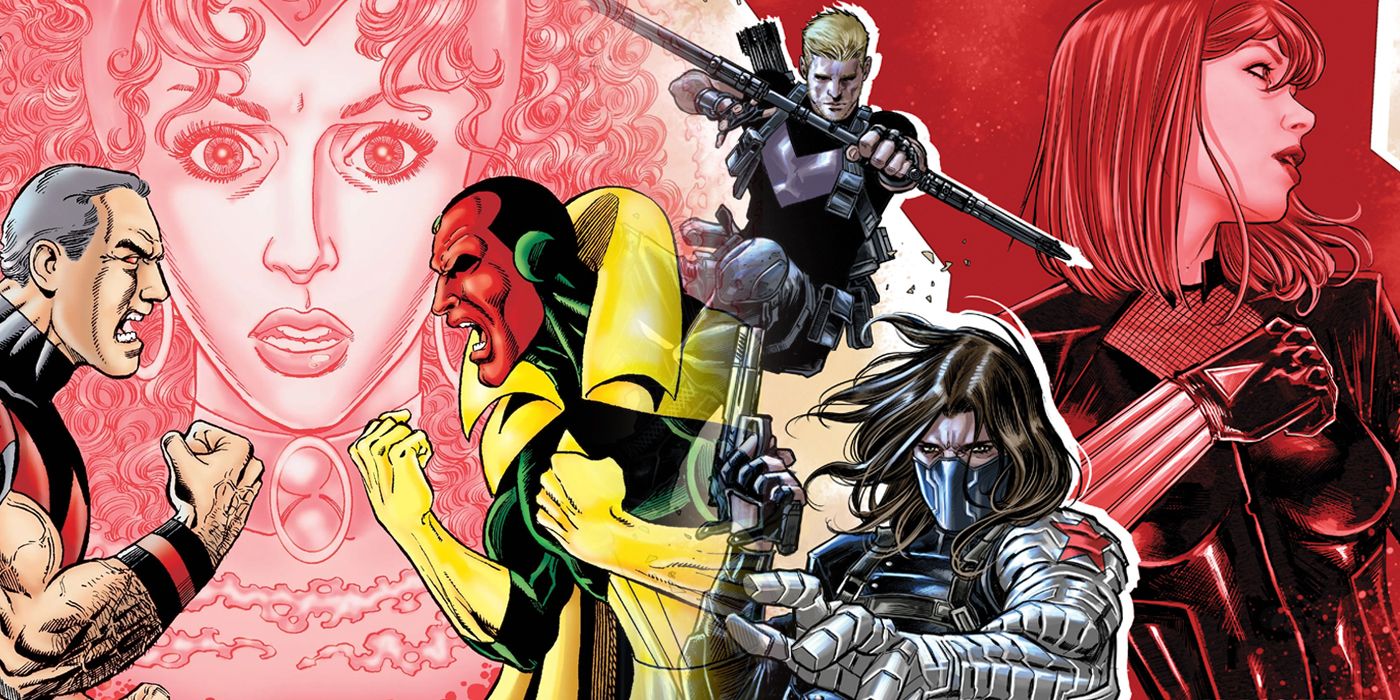 Split image of Avengers like Scarlet Witch, Wonder Man, Vision, Hawkeye, Winter Soldier, and Black Widow
