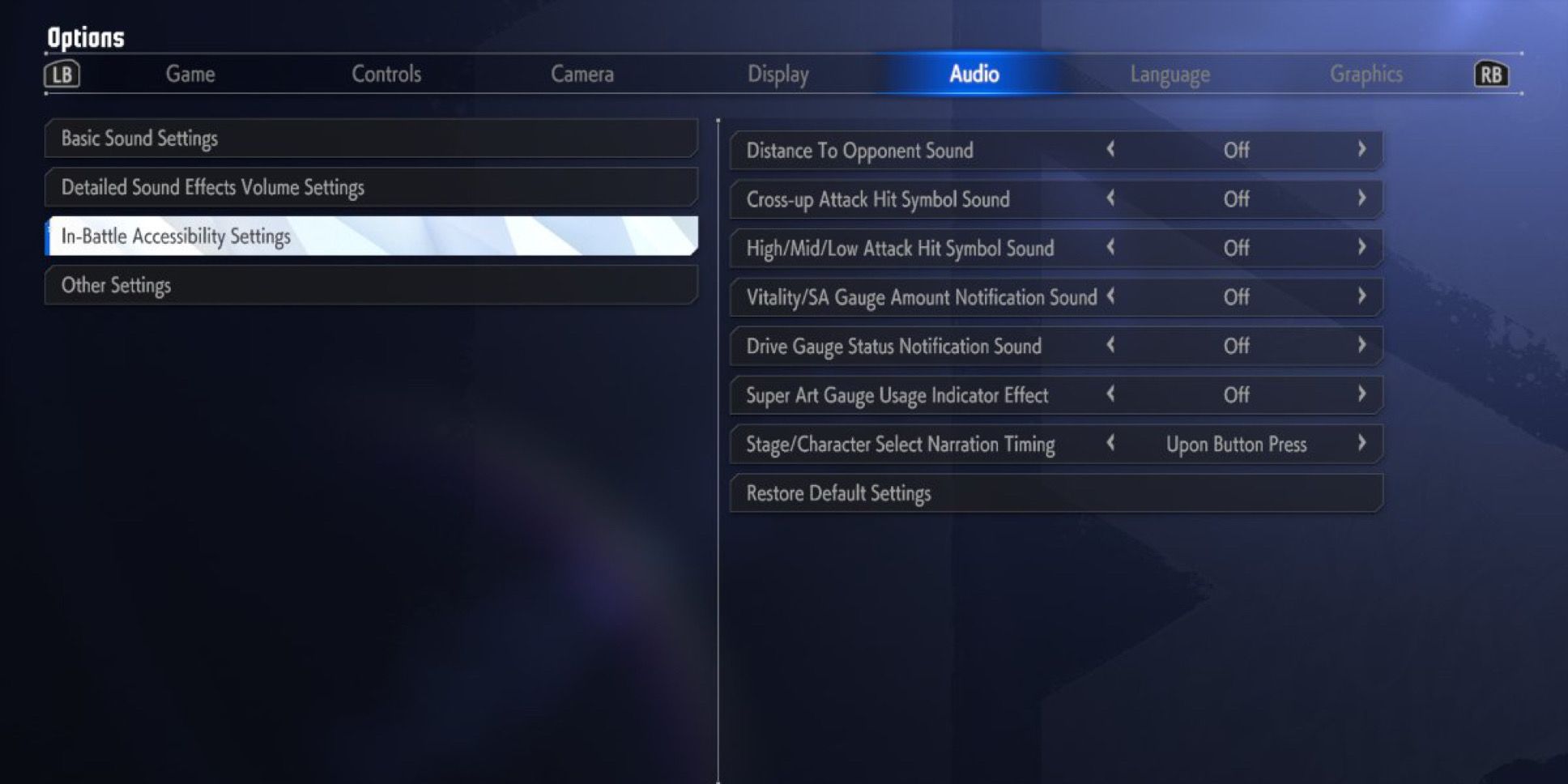 The detailed in-battle audio menu screen in Street Fighter 6
