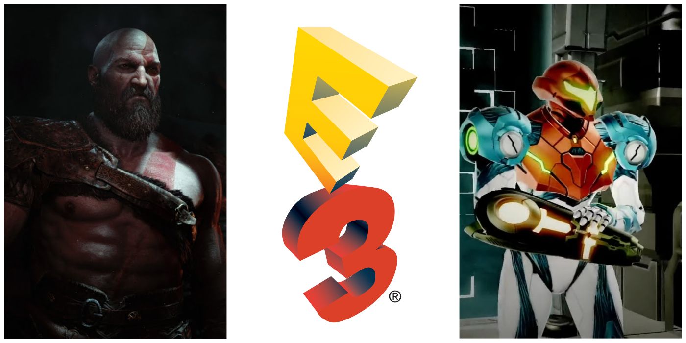 A split image with Kratos from God Of War, The E3 logo, and Samus Aran from Metroid Dread.