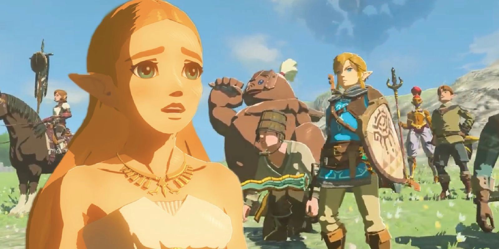 Zelda in front of Link, the Hylians, a goron, and a Geruda in Tears of the Kingdom