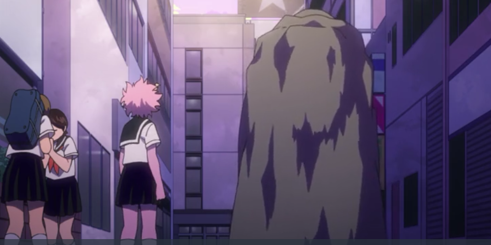 Mina Ashido in her school uniform with her back toward the viewer in My Hero Academia