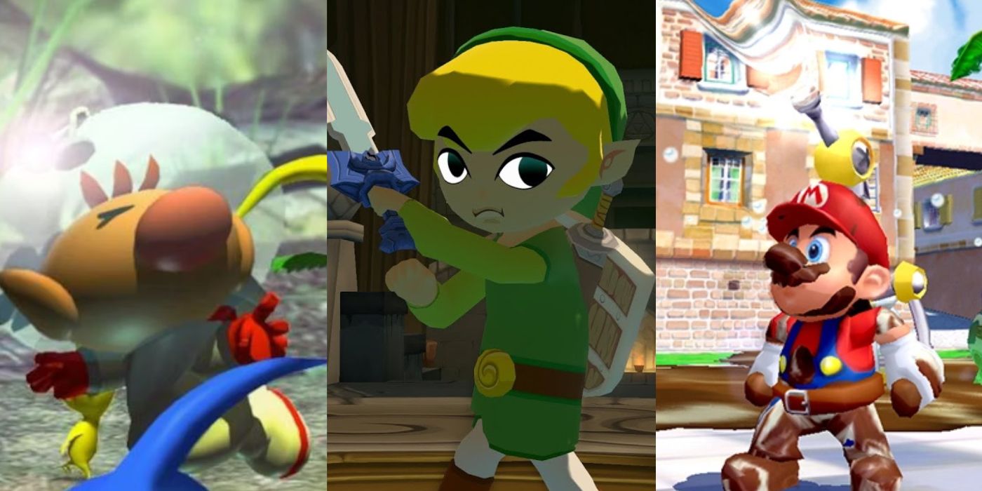 A split image with Captain Olimar from Pikmin, Link from Legend Of Zelda: The Wind Waker, and Mario from Super Mario Sunshine.