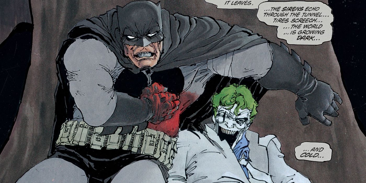 A bleeding Batman stands over Joker's body from The Dark Knight Returns