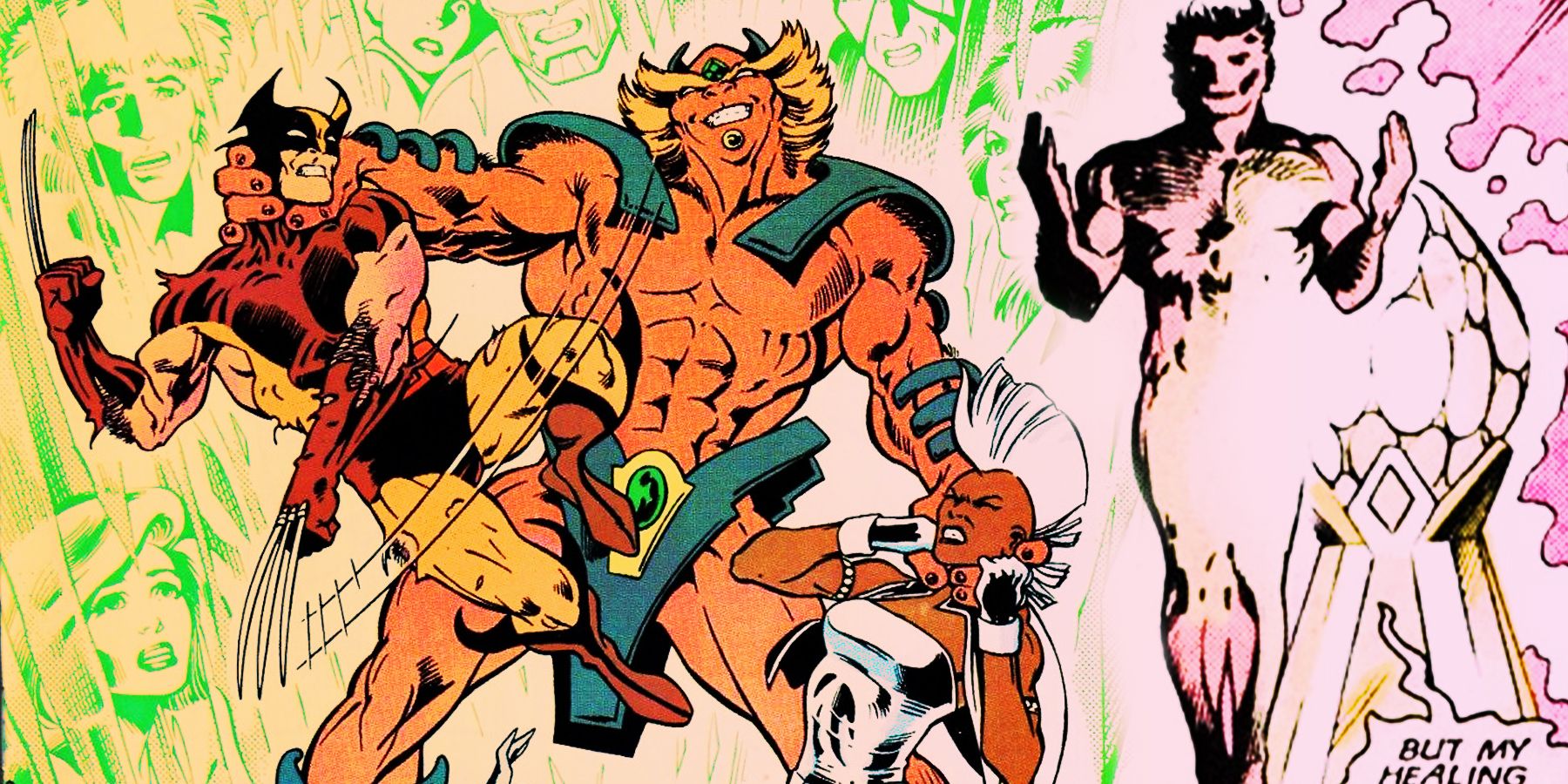 On the left, Wolverine is held by the neck by Horde, who also has Storm in his grip, from 1987's 'Uncanny X-Men Annual #11'. On the right, Wolverine's body regenerates with a bright glow around and over his body.