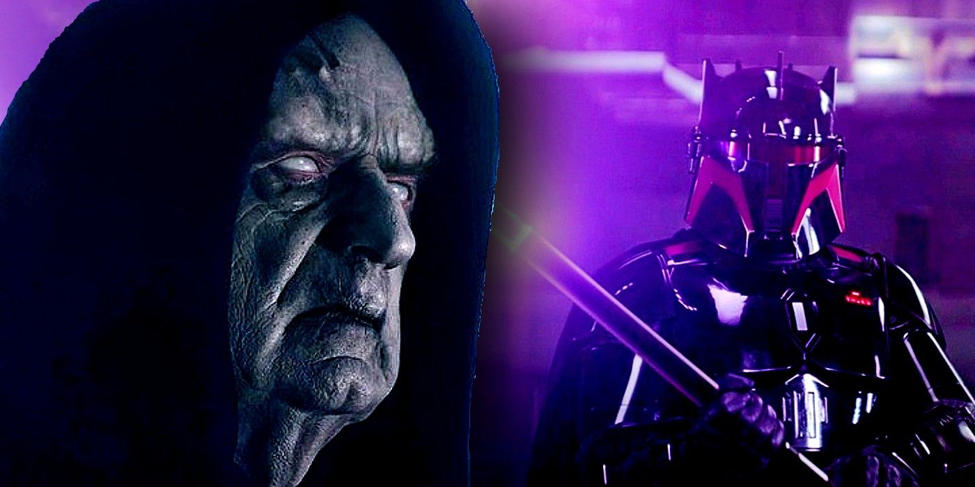 A clone of Palpatine in front of Moff Gideon's Dark Trooper Armor with an electro staff