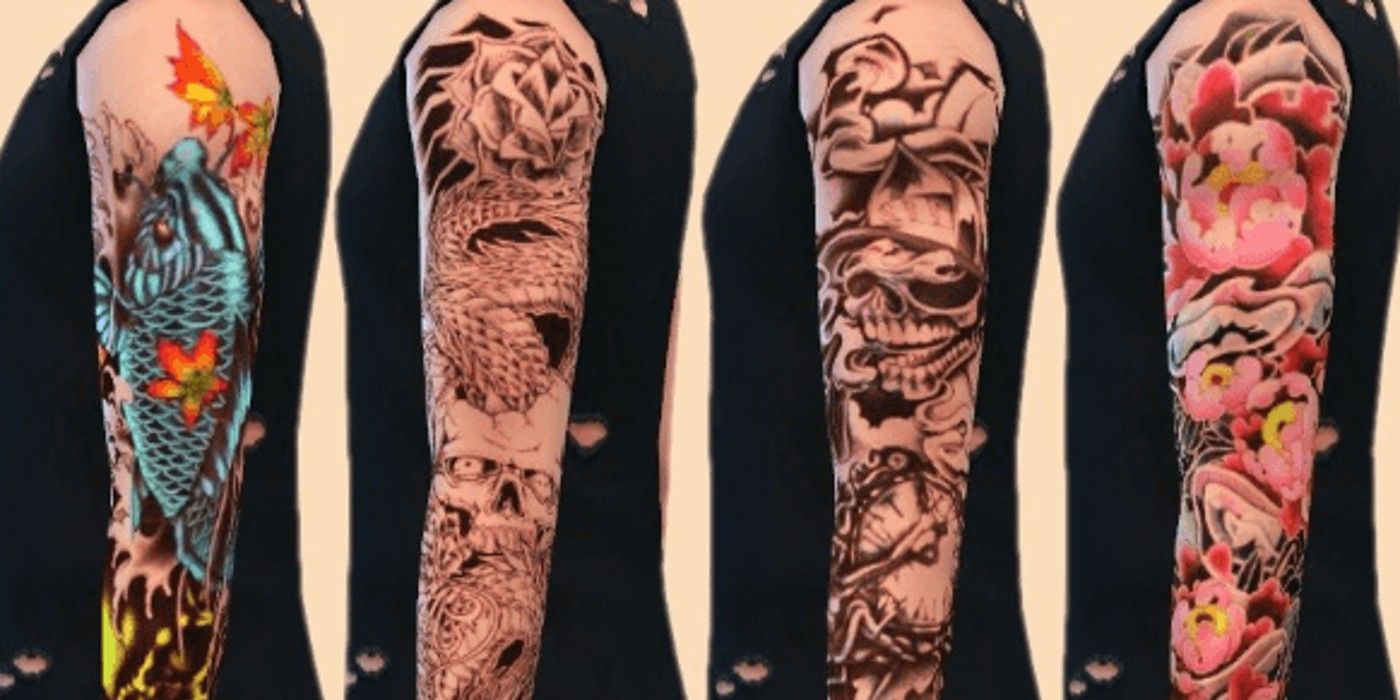 Uma fileira de braços tatuados portando desenhos de Annett's Sims 4 Welt