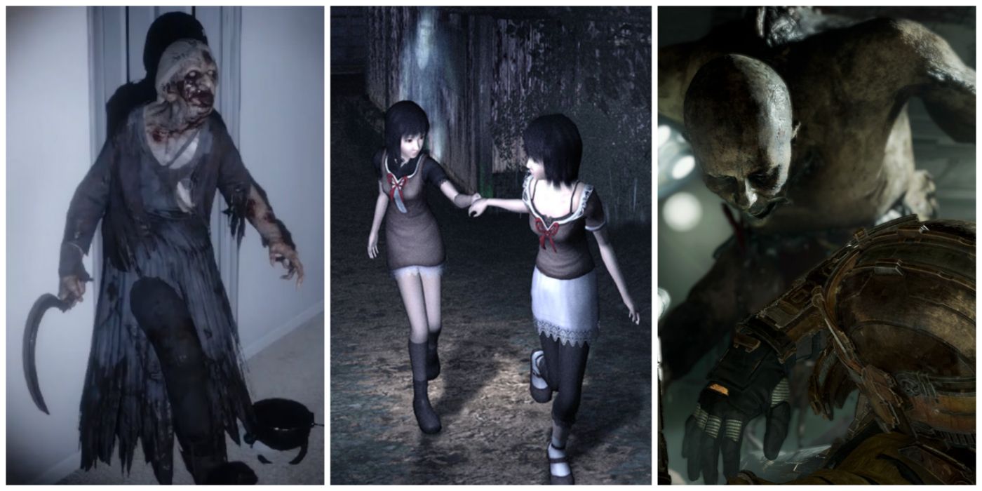 A split image of a ghost from Phasmophobia, twins from Fatal Frame 2, and Necromorph from Dead Space