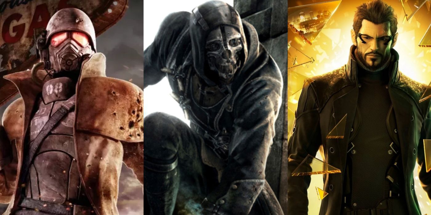 A split image of a NCR Ranger in Fallout: New Vegas, Corlo Attano in Dishonored, and Adam Jensen in Deus Ex: Human Revolution