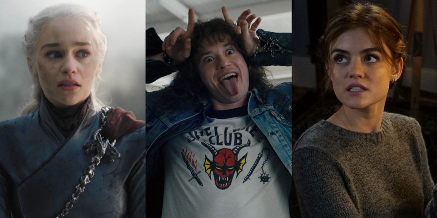 A split image of Daenerys Targaryen in Game of Thrones, Eddie Munson in Stranger Things, and Aria in Pretty Little Liars