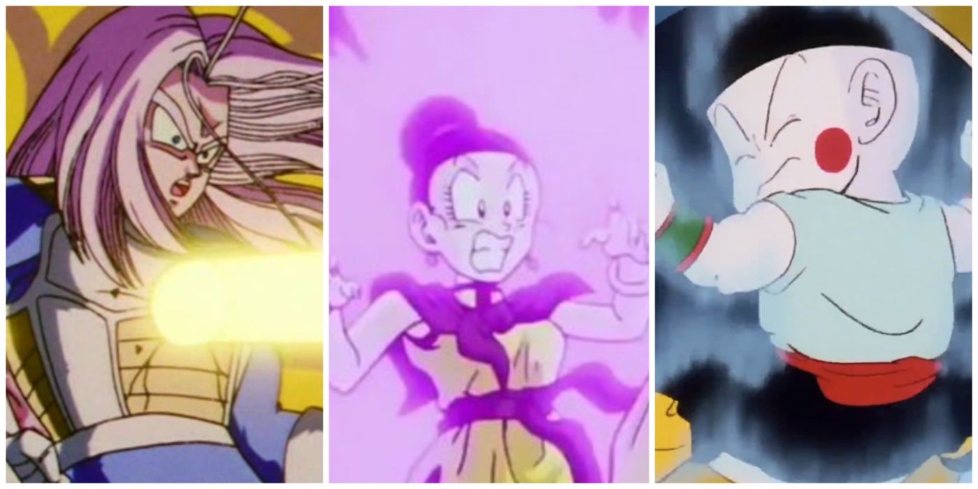 A split image of deaths from Future Trunks, Chi-Chi, and Chiaotzu from Dragon Ball