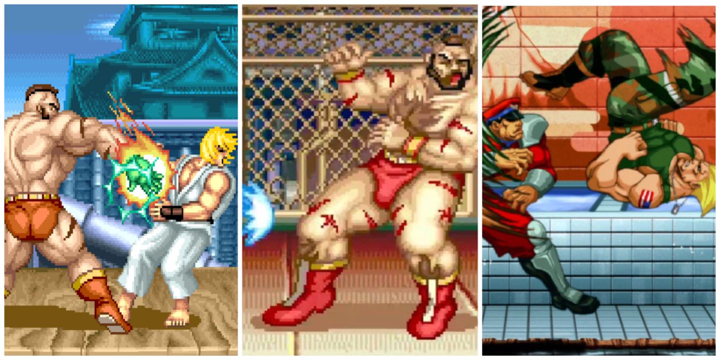 A split image of different versions of Street Fighter II