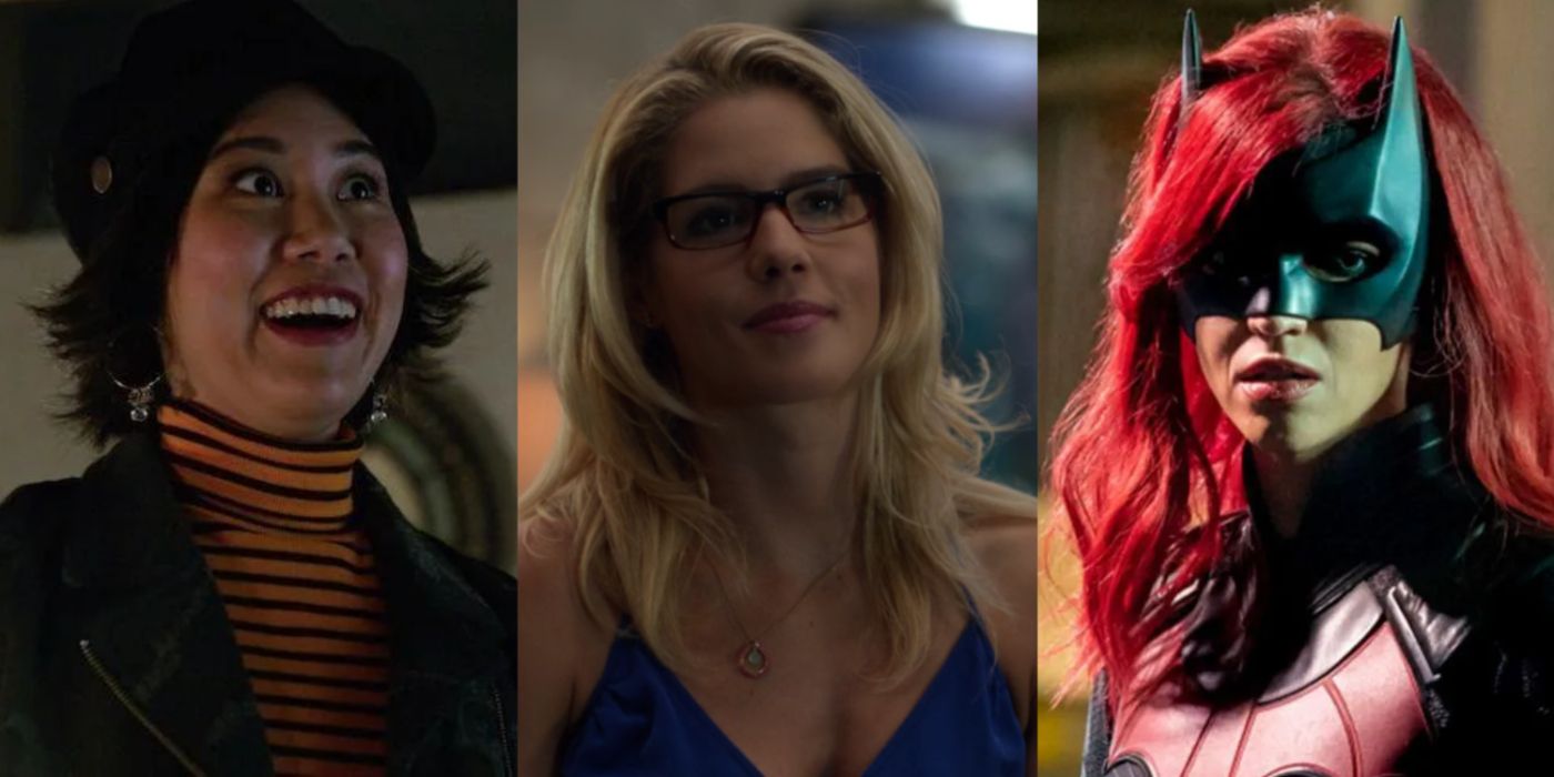 A split image of female Arrowverse characters: Mona Wu in Legends of Tomorrow, Felicity Smoak in Arrow, and Kate Kane in Batwoman