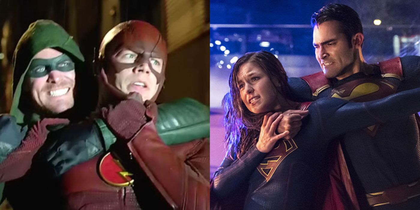 A split image of Arrow vs The Flash in DC's The Flash, and Supergirl fighting Superman in Supergirl