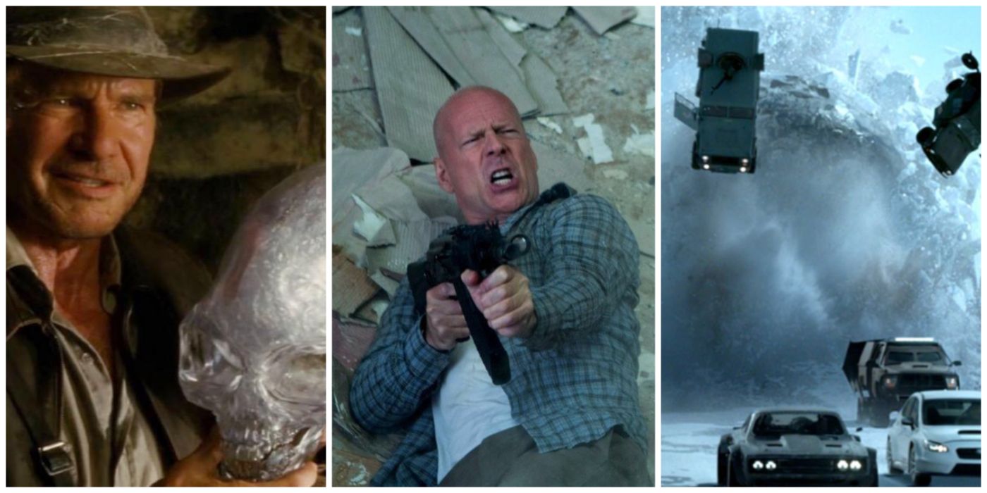 A split image of Indiana Jones from Kingdom of the Crystal Skull, John McClane from Die Hard 4, and wreckage from Fast Saga