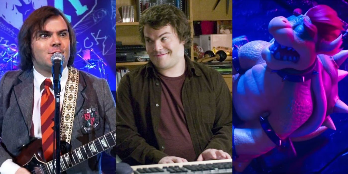 A split image of Jack Black as Dewey in School of Rock, Miles in The Holiday, and Bowser in Super Mario Bros. Movie