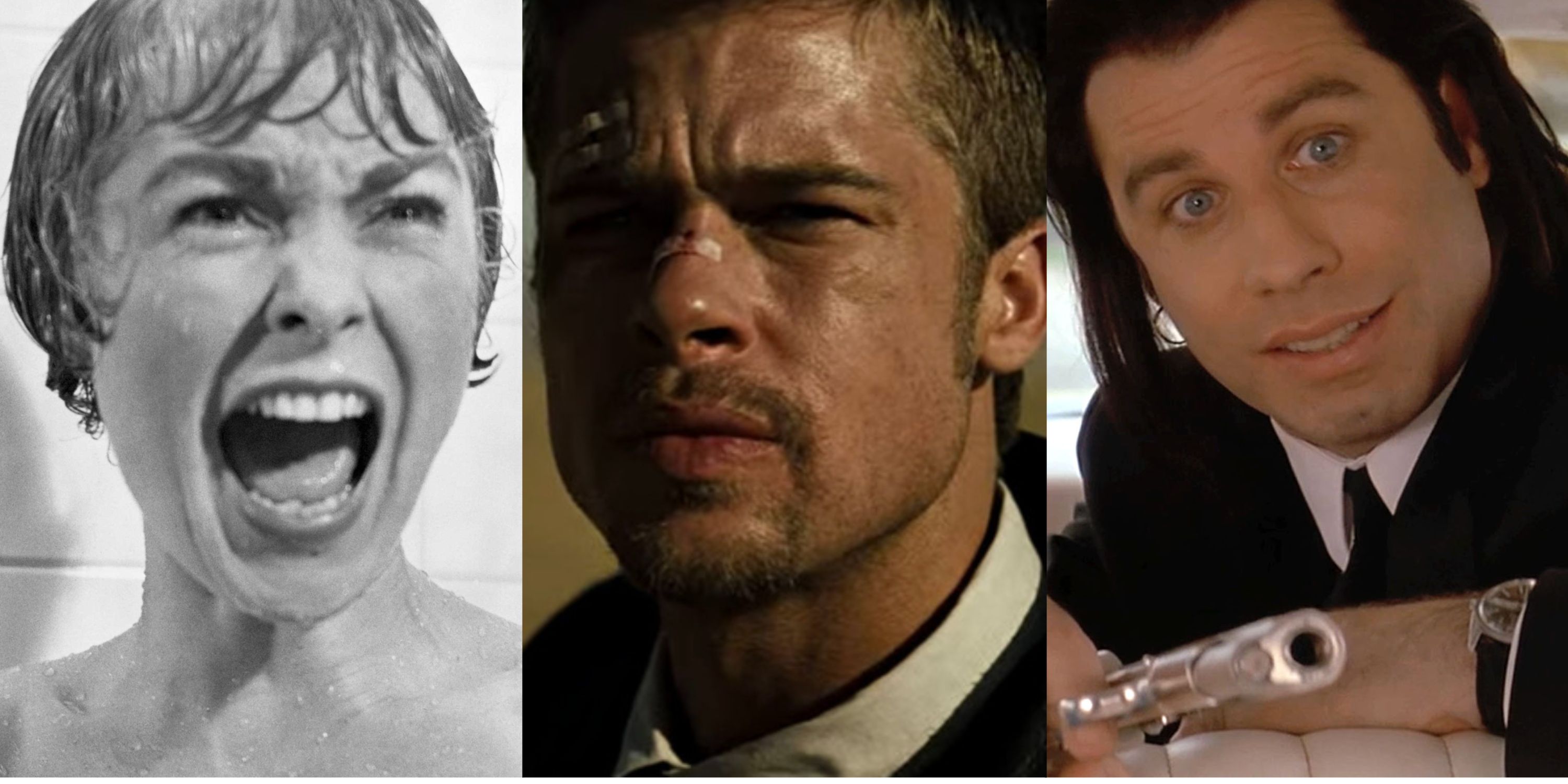 A split image of Janet Leigh in Psycho, Brad Pitt in Seven, and John Travolta in Pulp Fiction