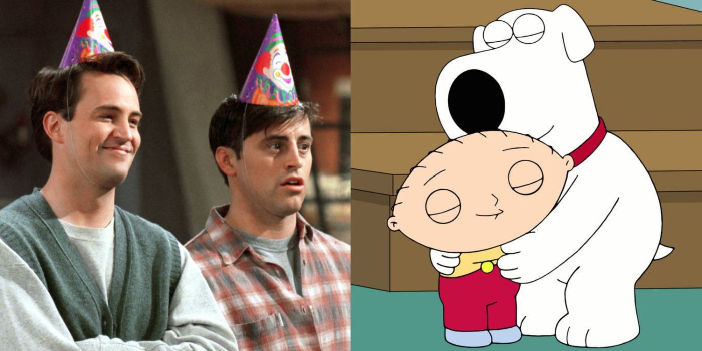 A split image of Joey and Chandler in Friends and Brian and Stewie in Family Guy