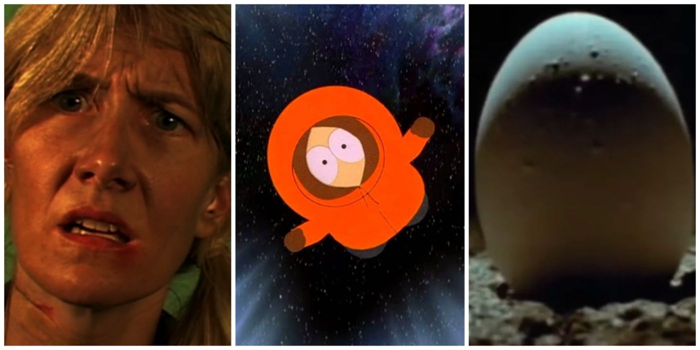 A split image of Laura Dern from inland Empire, Kenny from South Park, and Xenomorph egg from Alien
