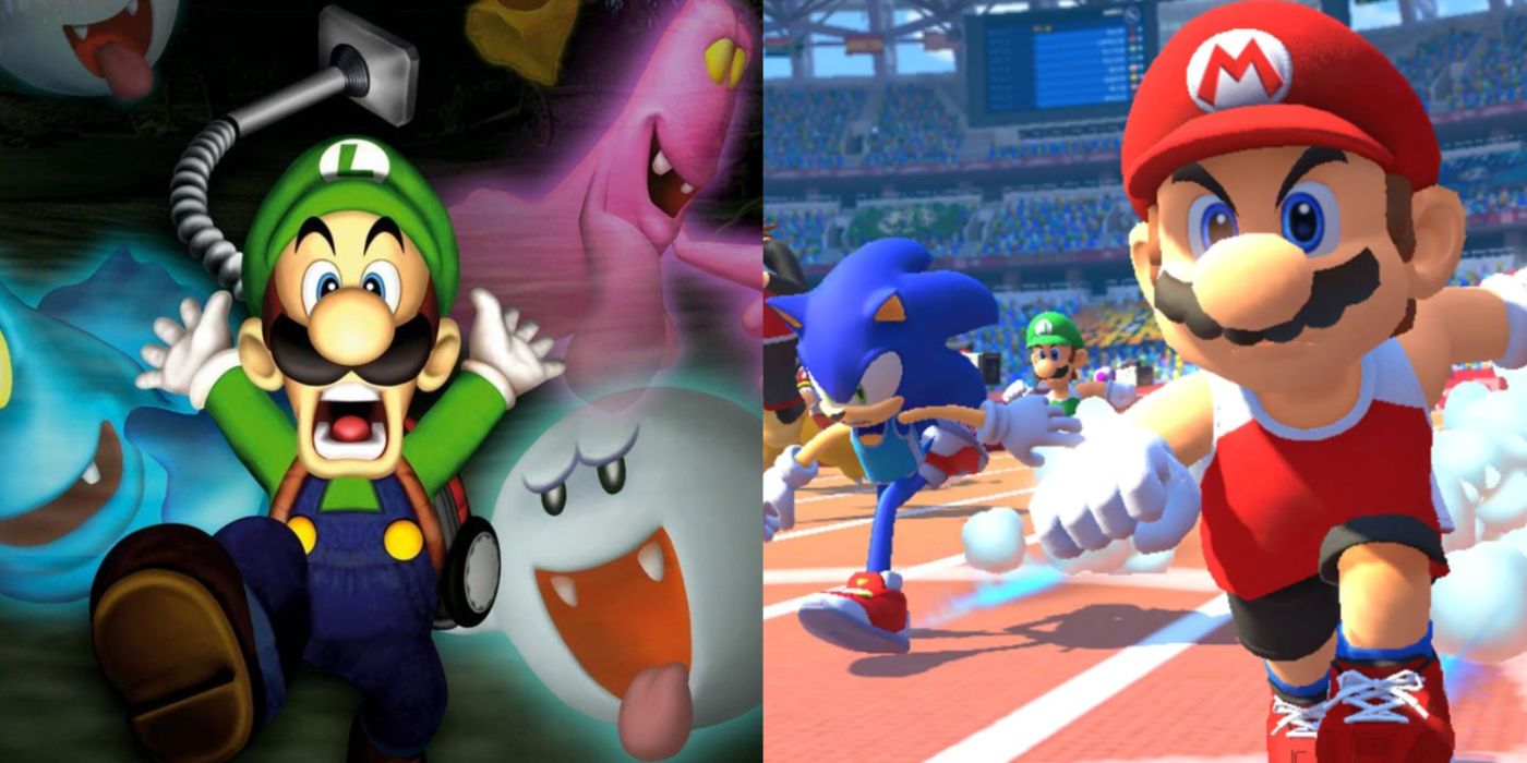 A split image of Luigi in Luigi's Haunted Mansion and Sonic and Mario racing in Mario & Sonic At The Olympic Games