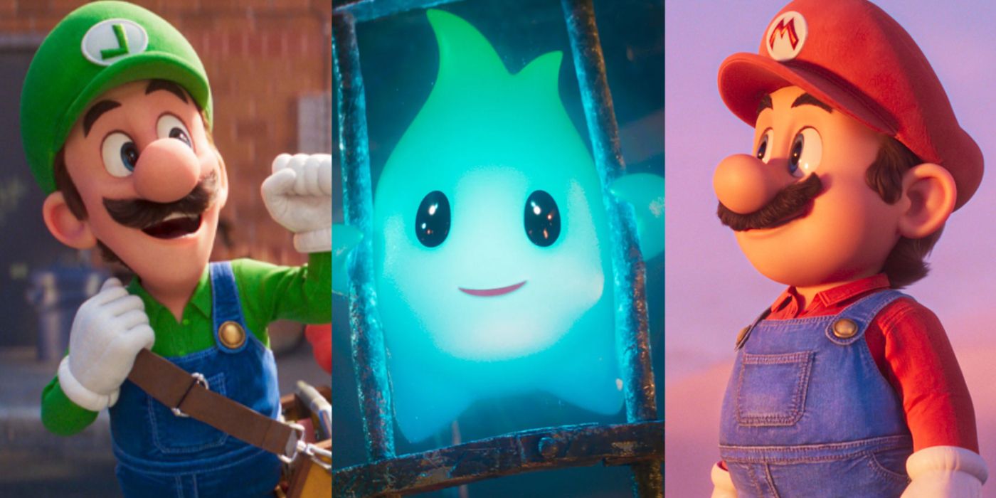 Uma imagem dividida de Luigi, Lumalee e Mario no filme Super Mario Bros.