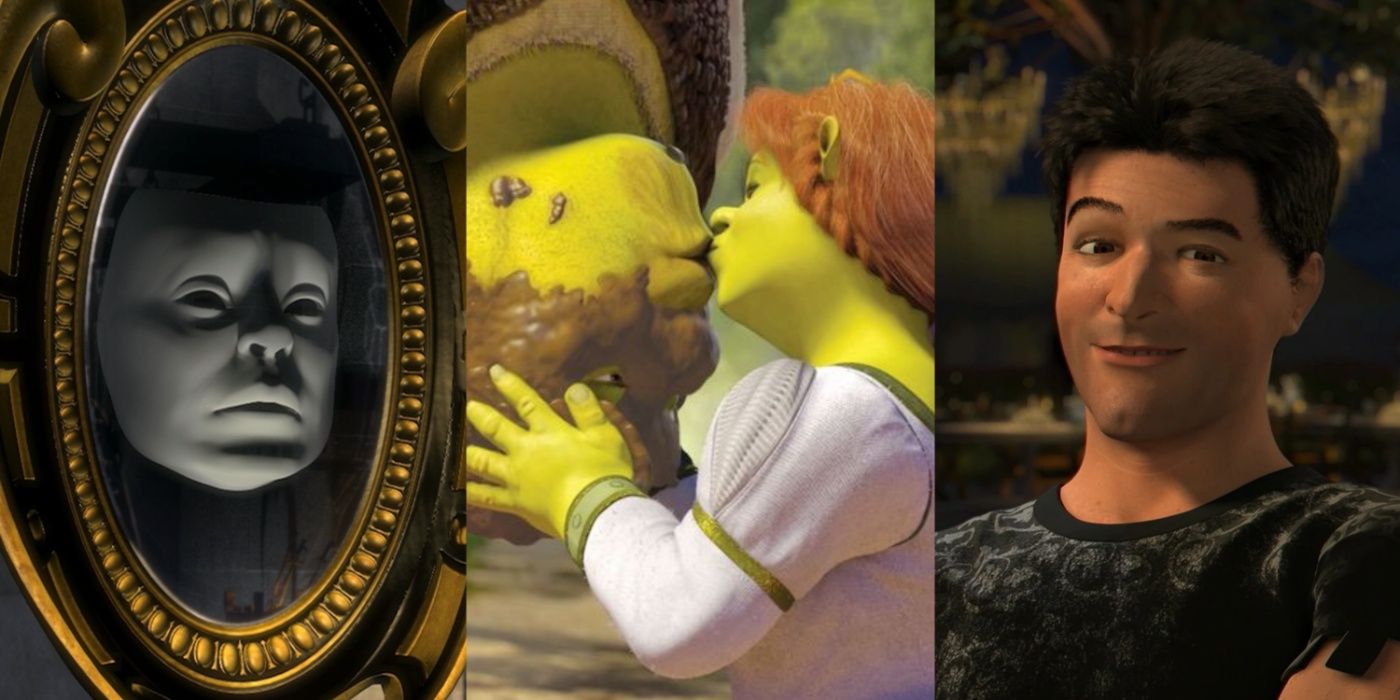 A split image of Magic Mirror, Shrek, Fiona, and Simon Cowell in the Shrek franchise