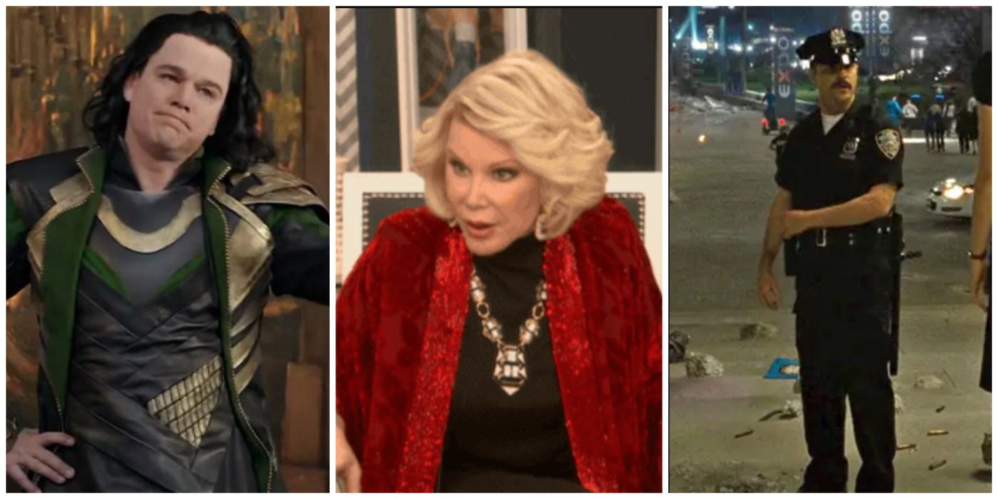 A split image of Matt Damon, Joan Rivers, and Justin Theroux cameos from the MCU