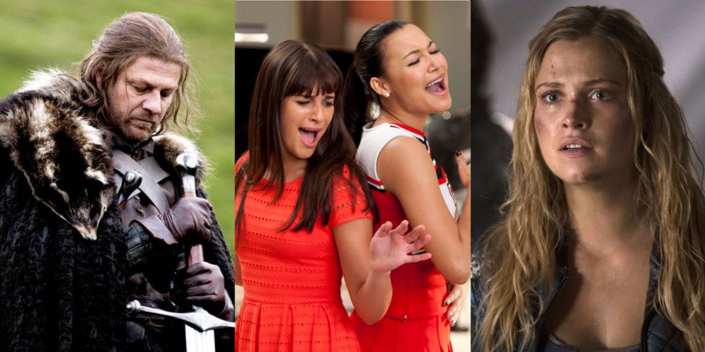 A split image of Ned Stark in Game of Thrones, Rachel and Santana in Glee, and Clarke in The 100