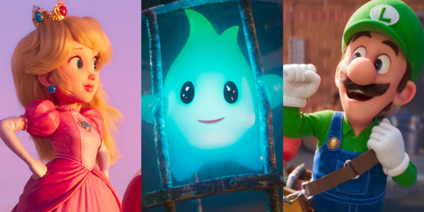 A split image of Peach, Lumalee, and Luigi in The Super Mario Bros. Movie