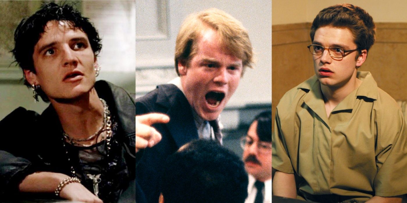 A split image of Pedro Pascal in NYPD Blue, Philip Seymour Hoffman in Law & Order, and Sebastian Stan in Law & Order