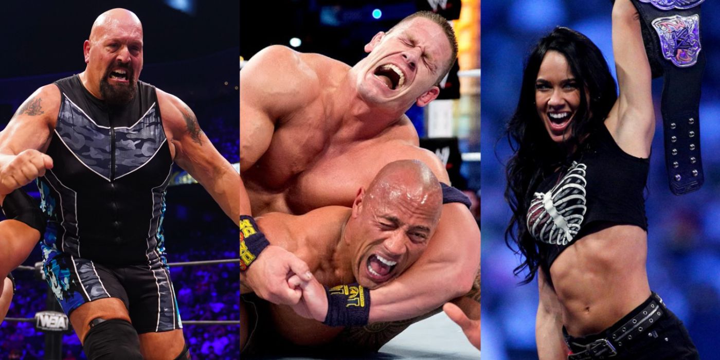 A split image of pro WWE wrestlers The Big Show, John Cena and The Rock, and AJ Lee