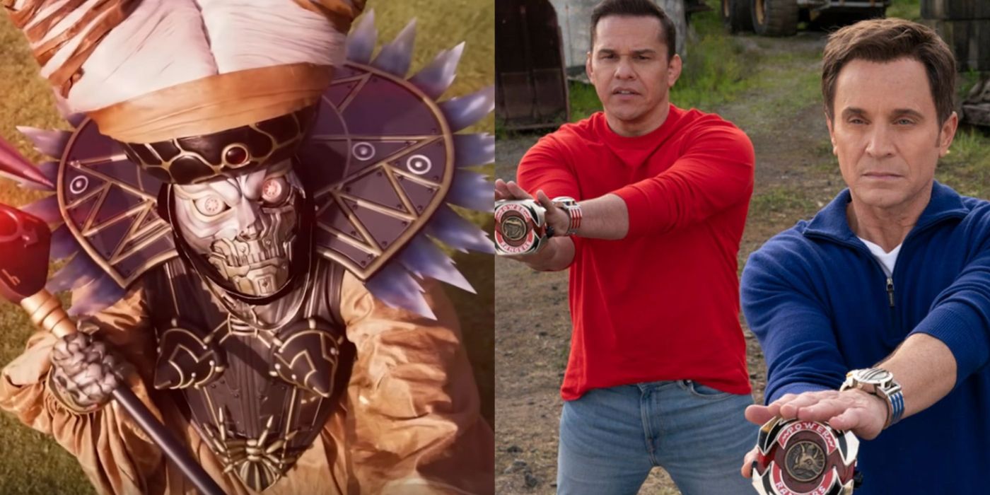 A split image of Rita Repulsa and two Rangers in the Mighty Morphin Power Rangers: Once & Always trailer