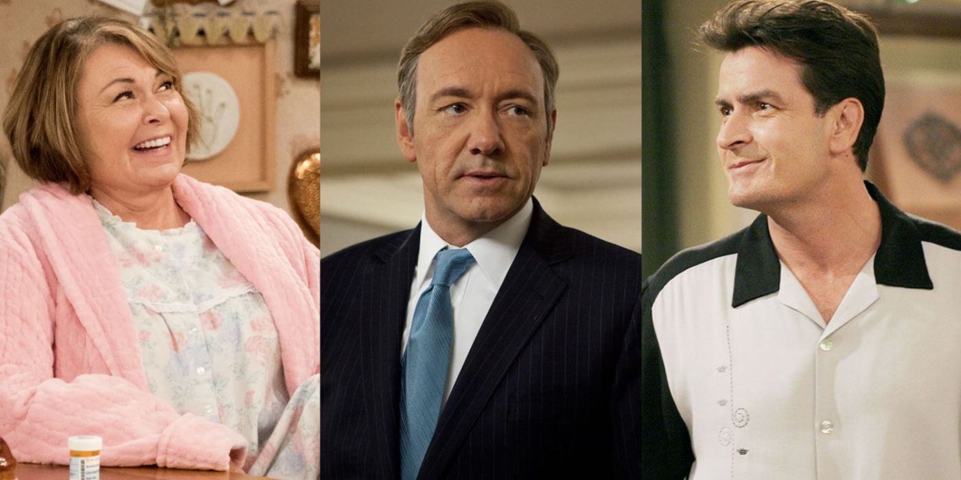 A split image of Roseanne Conner in Roseanne, Frank in House of Cards, and Charlie in Two and a Half Men