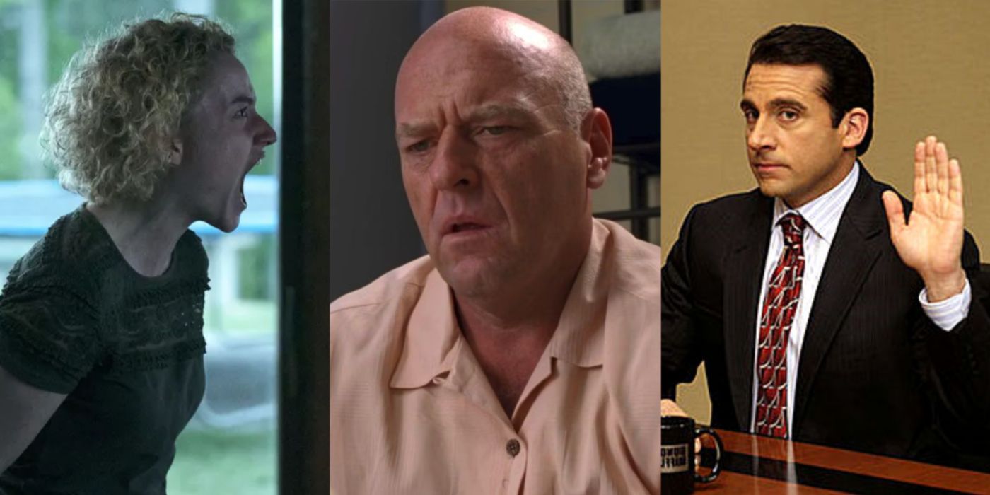 A split image of Ruth in Ozark, Hank in Breaking Bad, and Michael Scott in The Office