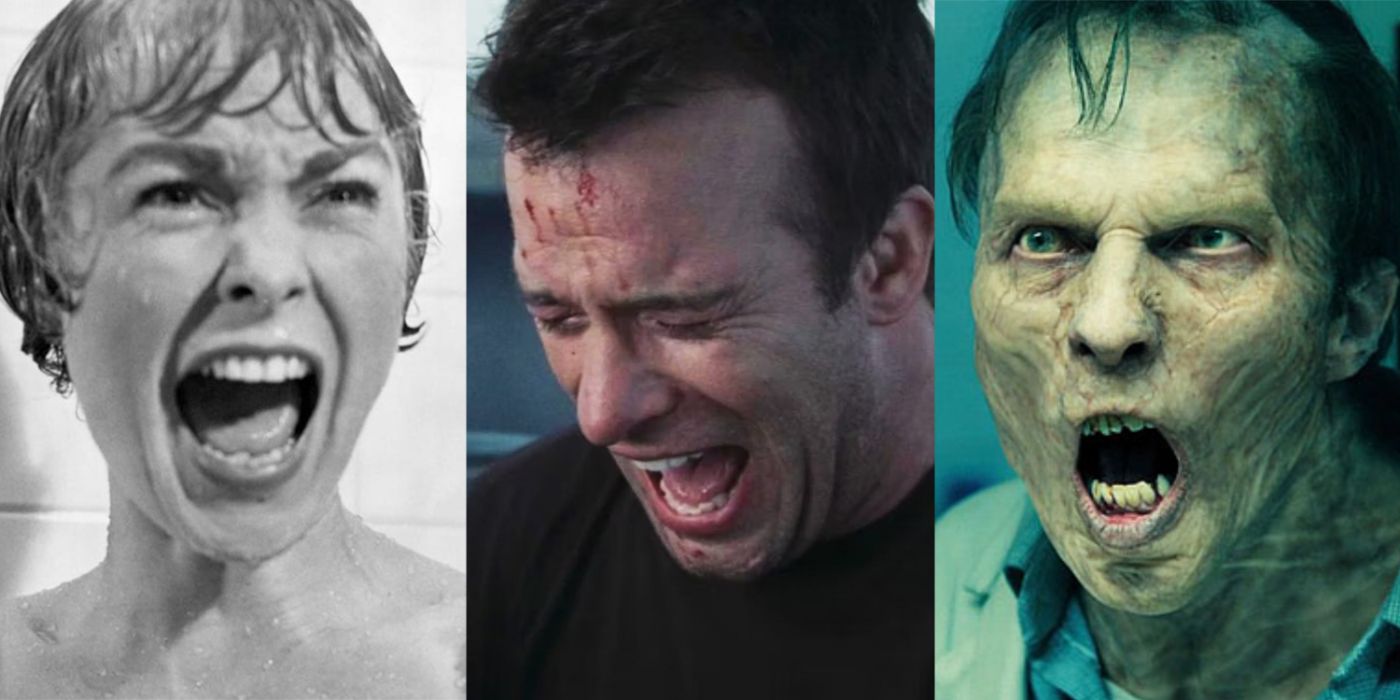 A split image of scenes from horror movies Psycho, The Mist, and World War Z