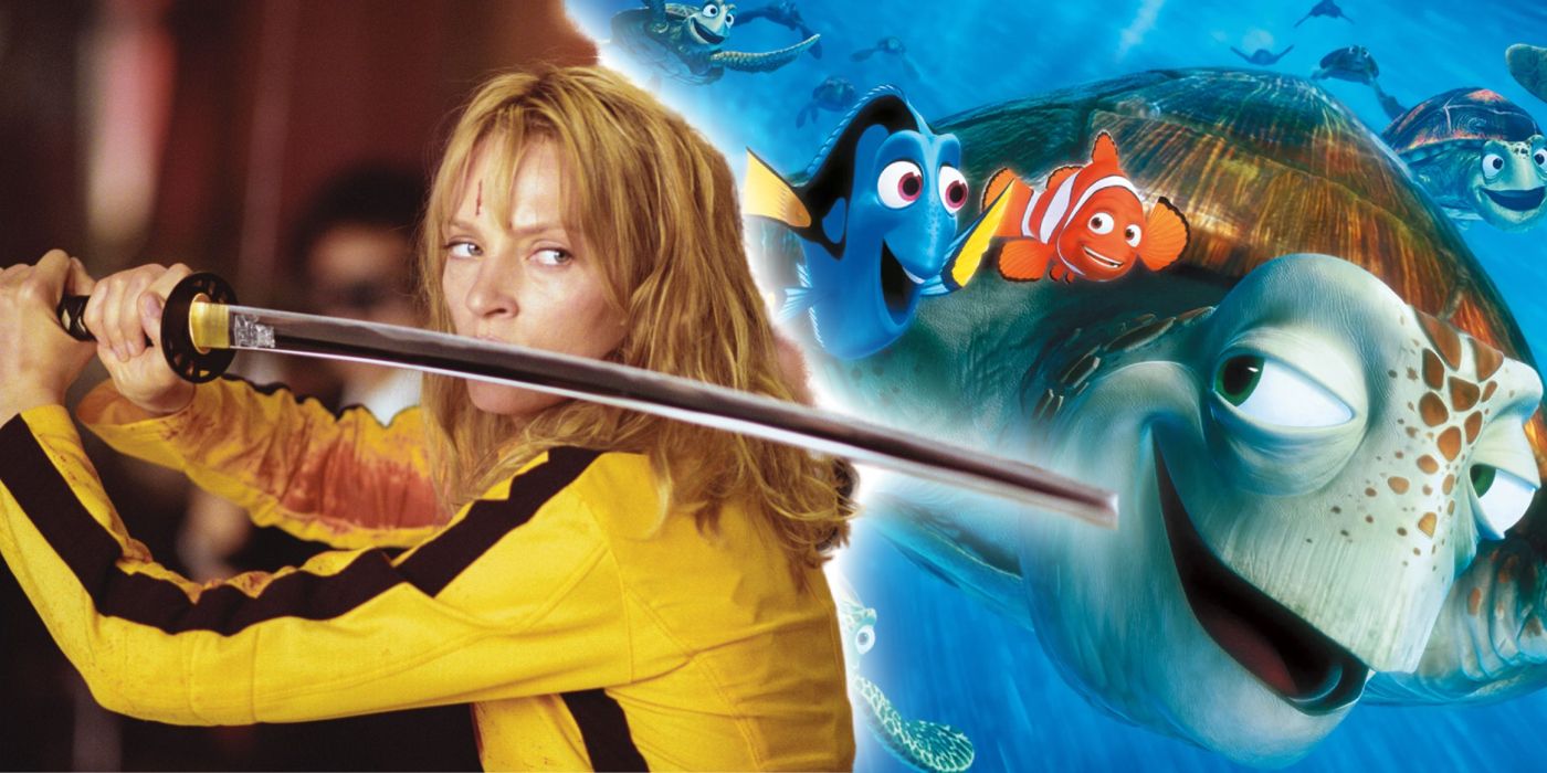 a split image of the bride from Kill Bill and Marlin and Dory widing Crush the turtle in Finding Nemo