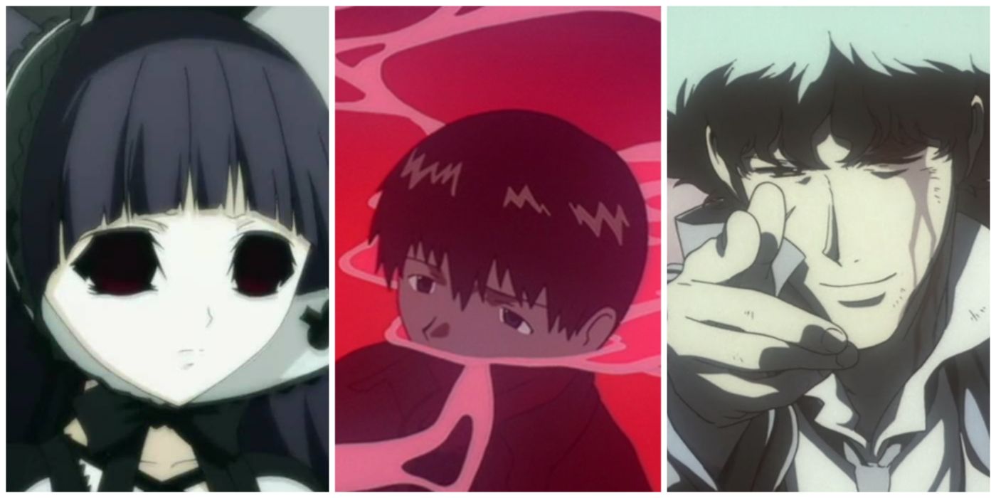 A split image of the endings from Shiki, Evangelion, and Cowboy Bebop