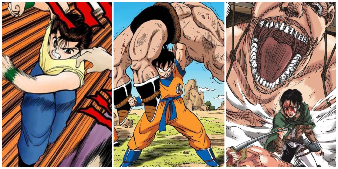 Yu Yu Hakusho's Yusuke, Dragon Ball's Goku, and Attack on Titan's Levi from full color manga