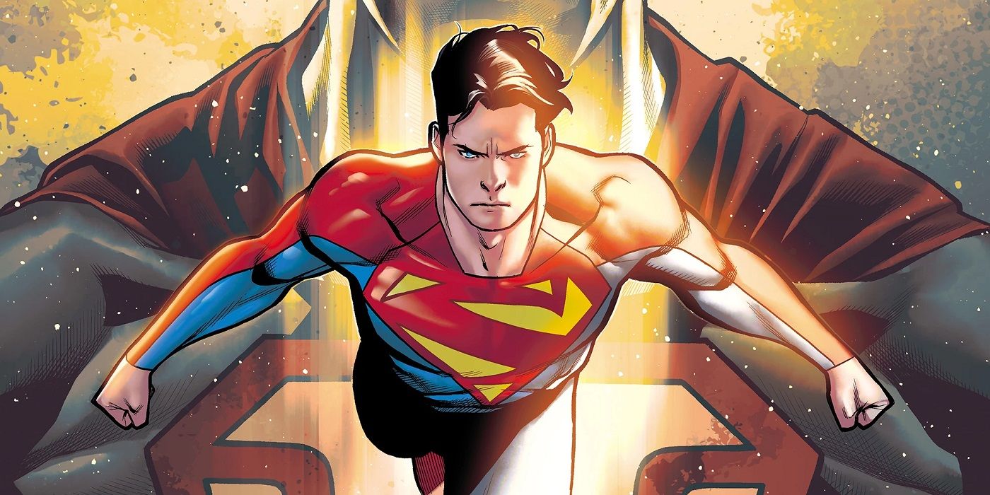 Jon Kent flying forward with the symbol of Ultraman in the background in DC Comics.