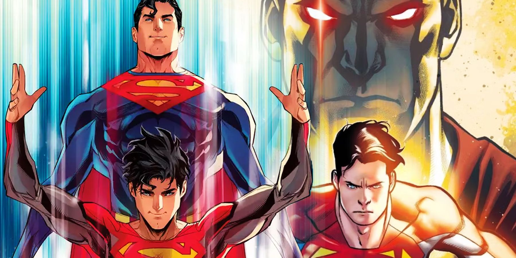 On the left, Jon Kent is seen standing in front of Superman with arms raised. On the right, Jon looks determined with Ultraman's visage glaring in the background.